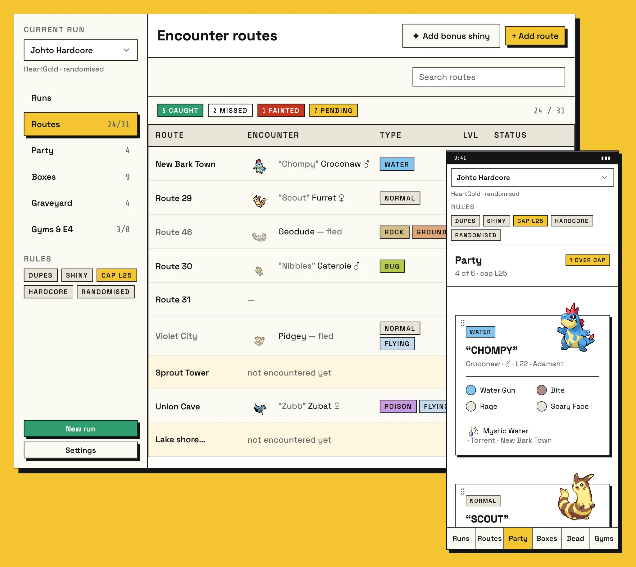 The Nuzlocke Tracker's routes table on desktop, with the party screen on a phone overlapping it